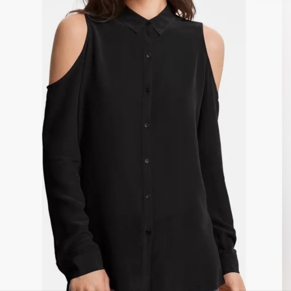 Trouve 100% Silk Black Whimsigoth Cold Shoulder Button Down Shirt Size Medium